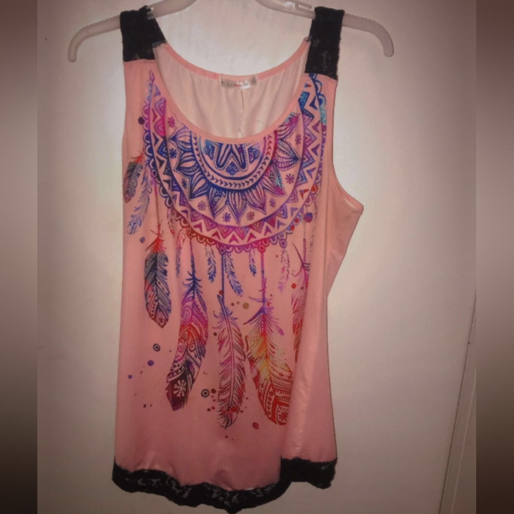 ❤️‍🔥2for$6❤️‍🔥Rosegal Pink Feather Print Tank Top